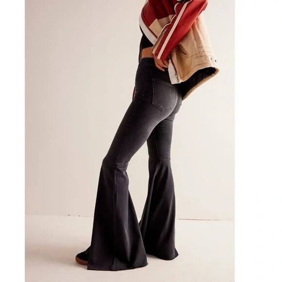 Free People Black Flare Bell Bottom Jeans 25 Festival Retro Boho Vintage Western - Picture 3 of 8
